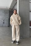 Kadın Yüksek Bel Oversize Rahat Kesim Polarlı Bej Eşofman Takımı