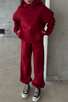 Kadın Yüksek Bel Oversize Rahat Kesim Polarlı Bordo Eşofman Takımı