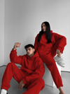 Kırmızı Çift(Tekli) Kapşonlu Şardonlu 3 İplik Beli Lastikli Jogger Eşofman Takımı