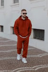 Kırmızı Erkek Beli Lastikli Kapşonlu Şardonlu Baggy Eşofman Takım