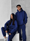 Saks Mavisi Çift(Tekli) Kapşonlu Şardonlu 3 İplik Beli Lastikli Jogger Eşofman Takımı