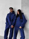 Saks Mavisi Çift(Tekli) Kapşonlu Şardonlu 3 İplik Beli Lastikli Jogger Eşofman Takımı