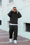 Siyah Erkek Beli Lastikli Kapşonlu Şardonlu Baggy Eşofman Takım