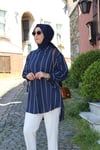 GÖMLEKKol Bağcık Detaylı Çizgili Lacivert Gömlek