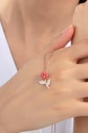 Kadın Orjinal 925 Ayar Gümüş Zirkon Taşlı Pembe Taşlı Gül Model Kolye