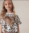 Leopar Desenli  Pullu Kalp İşlemeli Kız Çocuk Crop Tişört