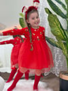 TÜTÜLÜ KIRMIZI ETEKLİ YILBAŞI  ELBİSESİ