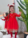 TÜTÜLÜ KIRMIZI ETEKLİ YILBAŞI  ELBİSESİ