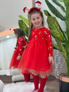 TÜTÜLÜ KIRMIZI ETEKLİ YILBAŞI  ELBİSESİ
