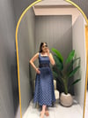 KEMERLİ LACİVERT BEYAZ PUANTİYELİ ELBİSE 