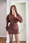 BİSİKLET YAKA BELDEN OTURTMALI ELBİSE-KAHVE