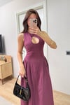 BORDO BEL YAKA DEKOLTELİ BELDEN OTURAN KETEN ELBİSE