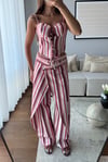 ÇİZGİLİ KETEN KORSE PANTOLON TAKIM-PEMBE