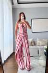 ÇİZGİLİ KETEN KORSE PANTOLON TAKIM-PEMBE