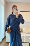 DRAPELİ TENSEL ETEK BLUZ TAKIM-İNDİGO