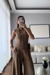 GOLD DÜĞMELİ YELEK PANTOLON TAKIM-KAHVERENGİ