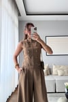 GOLD DÜĞMELİ YELEK PANTOLON TAKIM-KAHVERENGİ