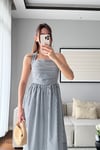 HALTER YAKA ÇİZGİLİ POPLİN ELBİSE-LACİVERT