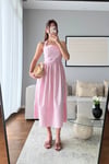 HALTER YAKA ÇİZGİLİ POPLİN ELBİSE-PEMBE