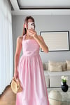 HALTER YAKA ÇİZGİLİ POPLİN ELBİSE-PEMBE
