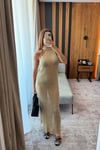 IŞILTILI FULAR YAKA UZUN ELBİSE-SARI