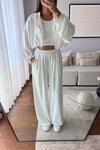MODAL KUMAŞ KAPÜŞONLU CROP 3'LÜ TAKIM-BEYAZ