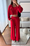 MODAL KUMAŞ KAPÜŞONLU CROP 3'LÜ TAKIM-KIRMIZI