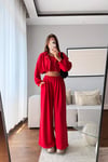 MODAL KUMAŞ KAPÜŞONLU CROP 3'LÜ TAKIM-KIRMIZI