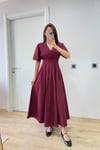 PREMİUM BELDEN OTURAN POPLİN BORDO ELBİSE
