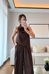 SATEN DRAPELİ PANTOLON TAKIM-KAHVE