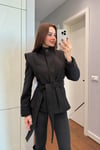 VATKALI KAŞE KUŞAKLI CEKET-SİYAH