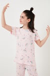 % 100 Pamuk Bisiklet Yaka Kısa Kollu Kız Çocuk Pijama Takımı 6651002 PEMBE-BEYAZ