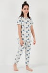 % 100 Pamuk Bisiklet Yaka Kısa Kollu Kız Çocuk Pijama Takımı 6651004 EKRU-MAVİ