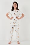 % 100 Pamuk Bisiklet Yaka Kısa Kollu Kız Çocuk Pijama Takımı 6651002 EKRU
