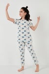 % 100 Pamuk Bisiklet Yaka Kısa Kollu Kız Çocuk Pijama Takımı 6651004 EKRU-MAVİ