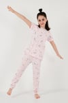 % 100 Pamuk Bisiklet Yaka Kısa Kollu Kız Çocuk Pijama Takımı 6651002 PEMBE-BEYAZ