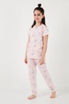 % 100 Pamuk Bisiklet Yaka Kısa Kollu Kız Çocuk Pijama Takımı 6651002 PEMBE-BEYAZ