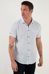 % 100 Pamuk Keten Görünümlü Slim Fit Kısa Kollu Erkek Gömlek CF21S111766 MAVİ
