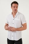 % 100 Pamuk Keten Görünümlü Slim Fit Kısa Kollu Erkek Gömlek CF21S111766 BEYAZ