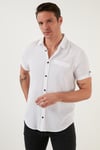 % 100 Pamuk Keten Görünümlü Slim Fit Kısa Kollu Erkek Gömlek CF21S111766 BEYAZ