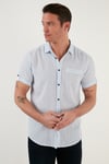 % 100 Pamuk Keten Görünümlü Slim Fit Kısa Kollu Erkek Gömlek CF21S111766 MAVİ