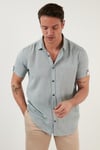 % 100 Pamuk Keten Görünümlü Slim Fit Kısa Kollu Erkek Gömlek CF21S111766 HAKİ