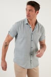 % 100 Pamuk Keten Görünümlü Slim Fit Kısa Kollu Erkek Gömlek CF21S111766 HAKİ