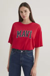 % 100 Pamuk Oversize Bisiklet Yaka Logolu Kadın T Shirt 1600843-82054 KIRMIZI