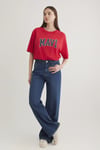 % 100 Pamuk Oversize Bisiklet Yaka Logolu Kadın T Shirt 1600843-82054 KIRMIZI