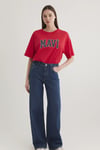 % 100 Pamuk Oversize Bisiklet Yaka Logolu Kadın T Shirt 1600843-82054 KIRMIZI