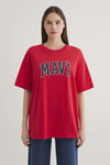 % 100 Pamuk Oversize Bisiklet Yaka Logolu Kadın T Shirt 1600843-82054 KIRMIZI