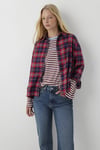 %100 Pamuk Oversize Fit  Yaka Ekoseli Uzun Kol Kadın Gömlek 1220279-A6690 KIRMIZI