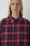 %100 Pamuk Oversize Fit  Yaka Ekoseli Uzun Kol Kadın Gömlek 1220279-A6690 KIRMIZI