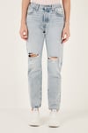 501 Pamuklu Yırtık Detaylı Regular Fit Düz Paça Jeans Kadın Kot Pantolon 12501-0500 AÇIK MAVİ
